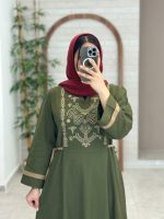 پیراهن زنانه الیاف طبیعی پنبه سبز آوین