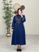 پیراهن زنانه الیاف طبیعی پنبه سرمه ای آوین